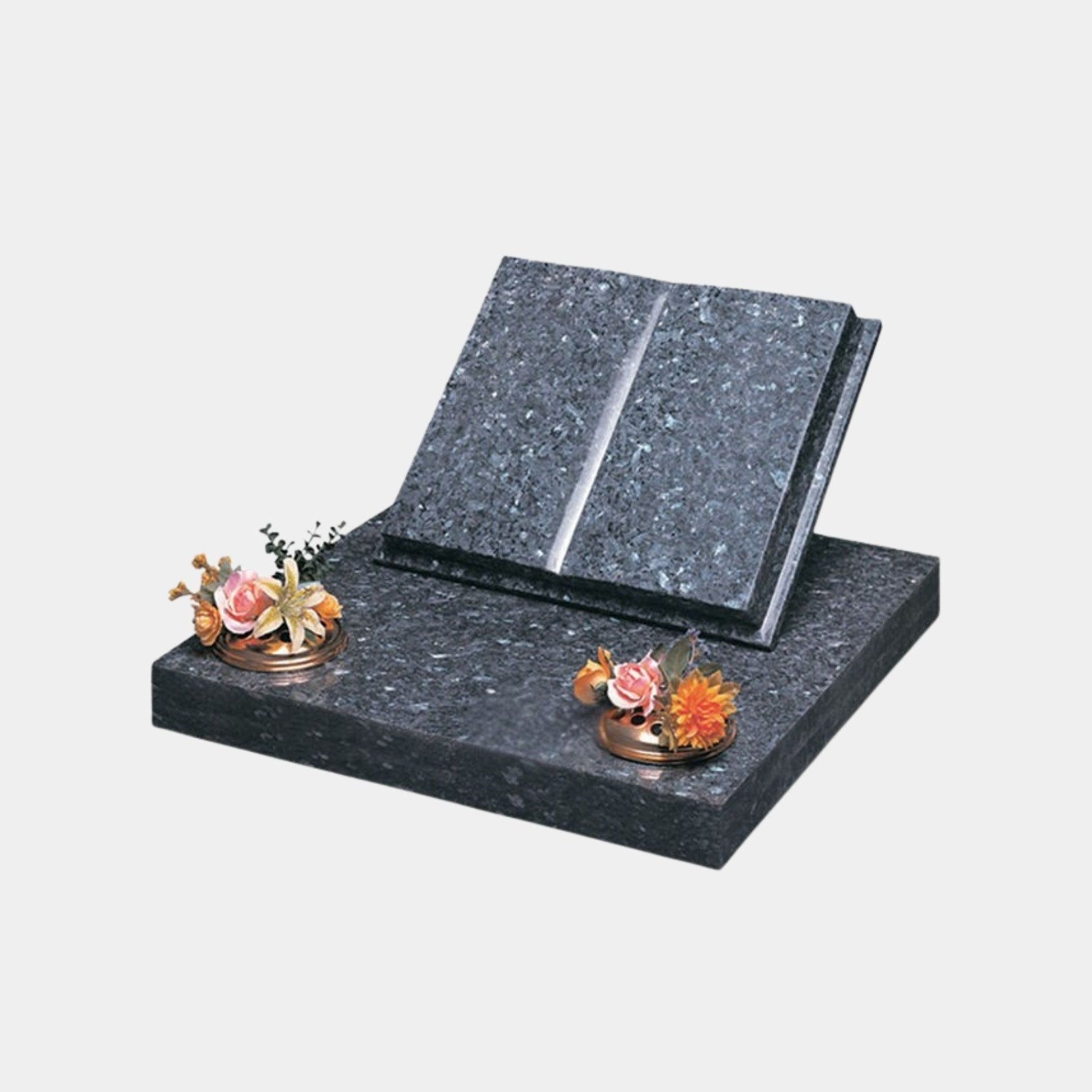 Blue granite grave ledger carved as an open book with polished page faces, 35cm
