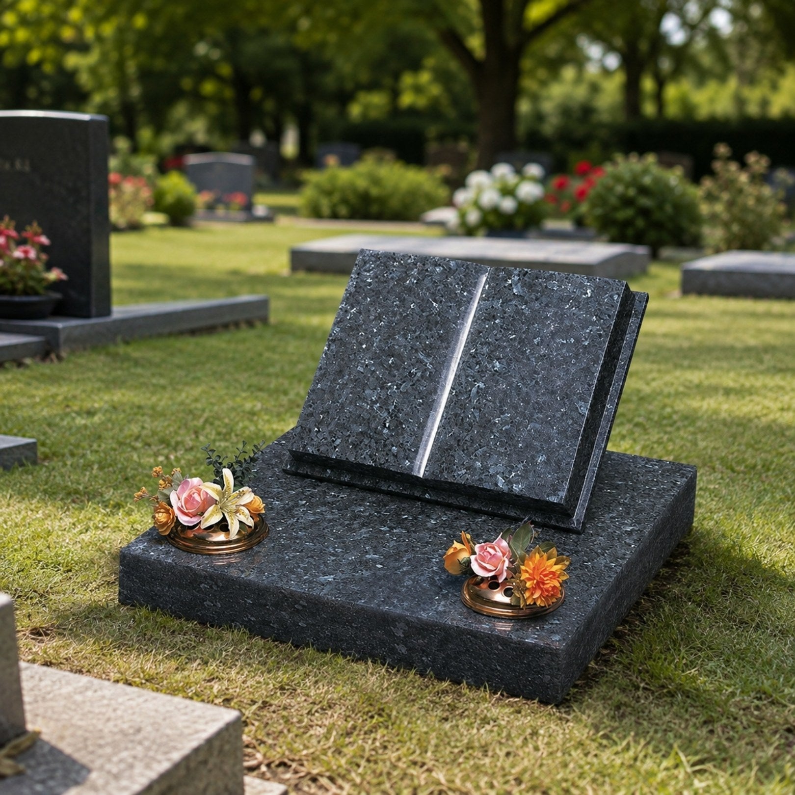 Blue granite open book ledger shown flat on a cemetery lawn plot