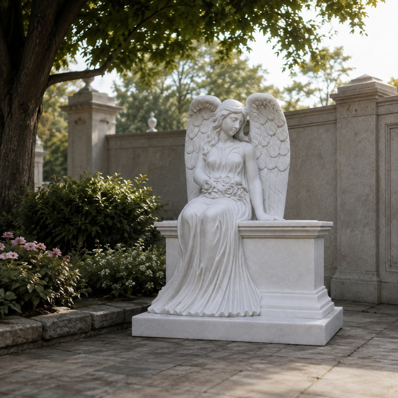 Marble seated angel chest headstone shown on a churchyard plot