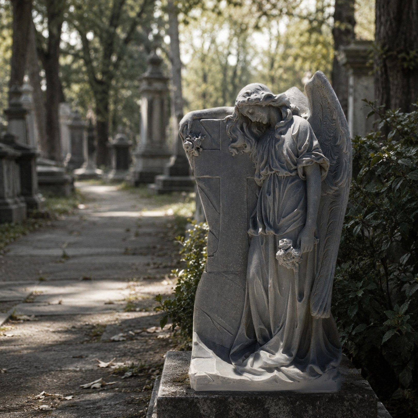Weathered marble angel and cross memorial shown in an old cemetery avenue