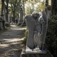 Weathered marble angel and cross memorial shown in an old cemetery avenue