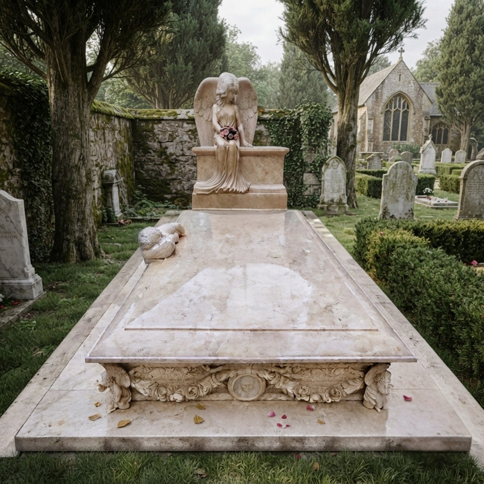 Marble chest tomb memorial shown in a churchyard with the angel at the head