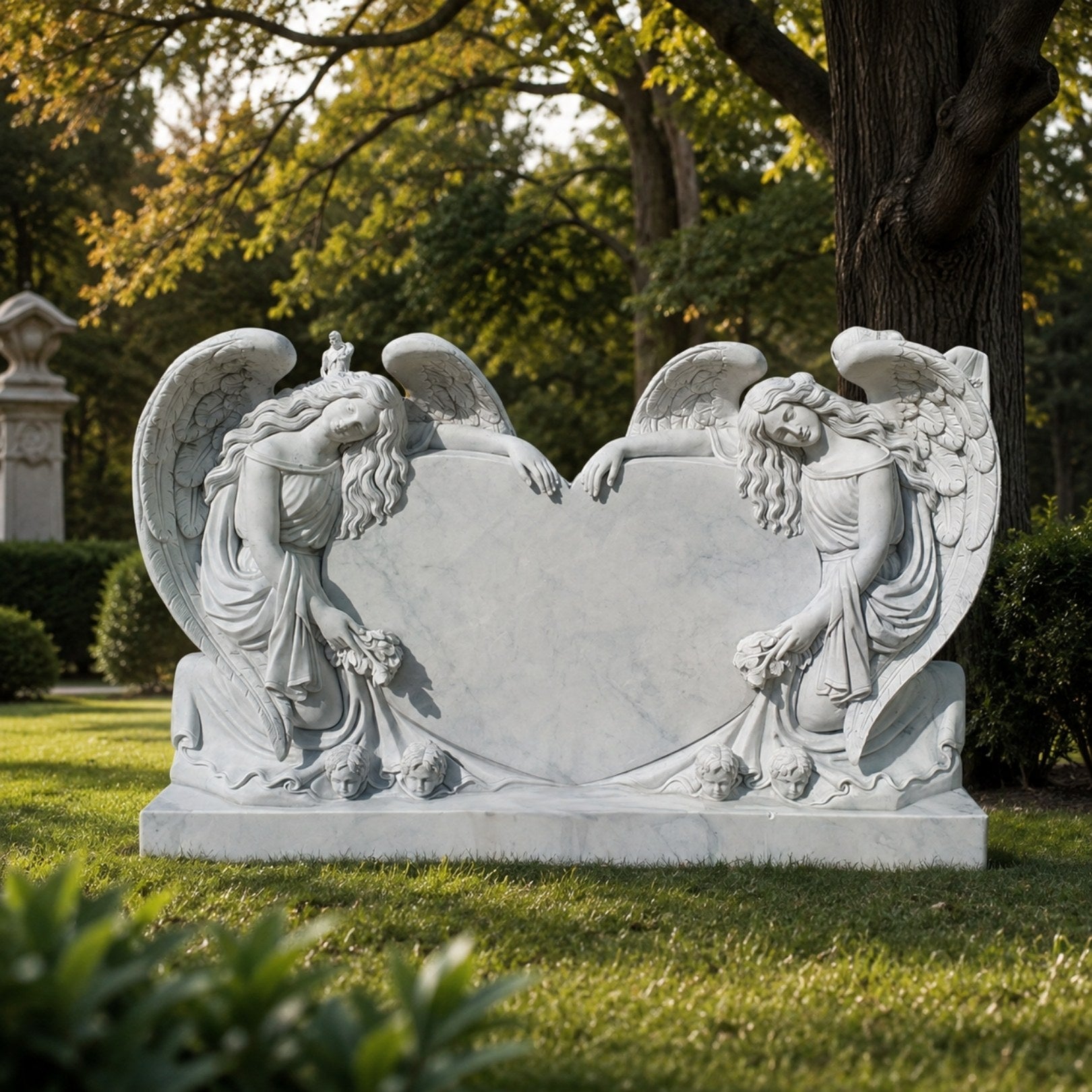 Marble double angel heart headstone shown square to a cemetery path