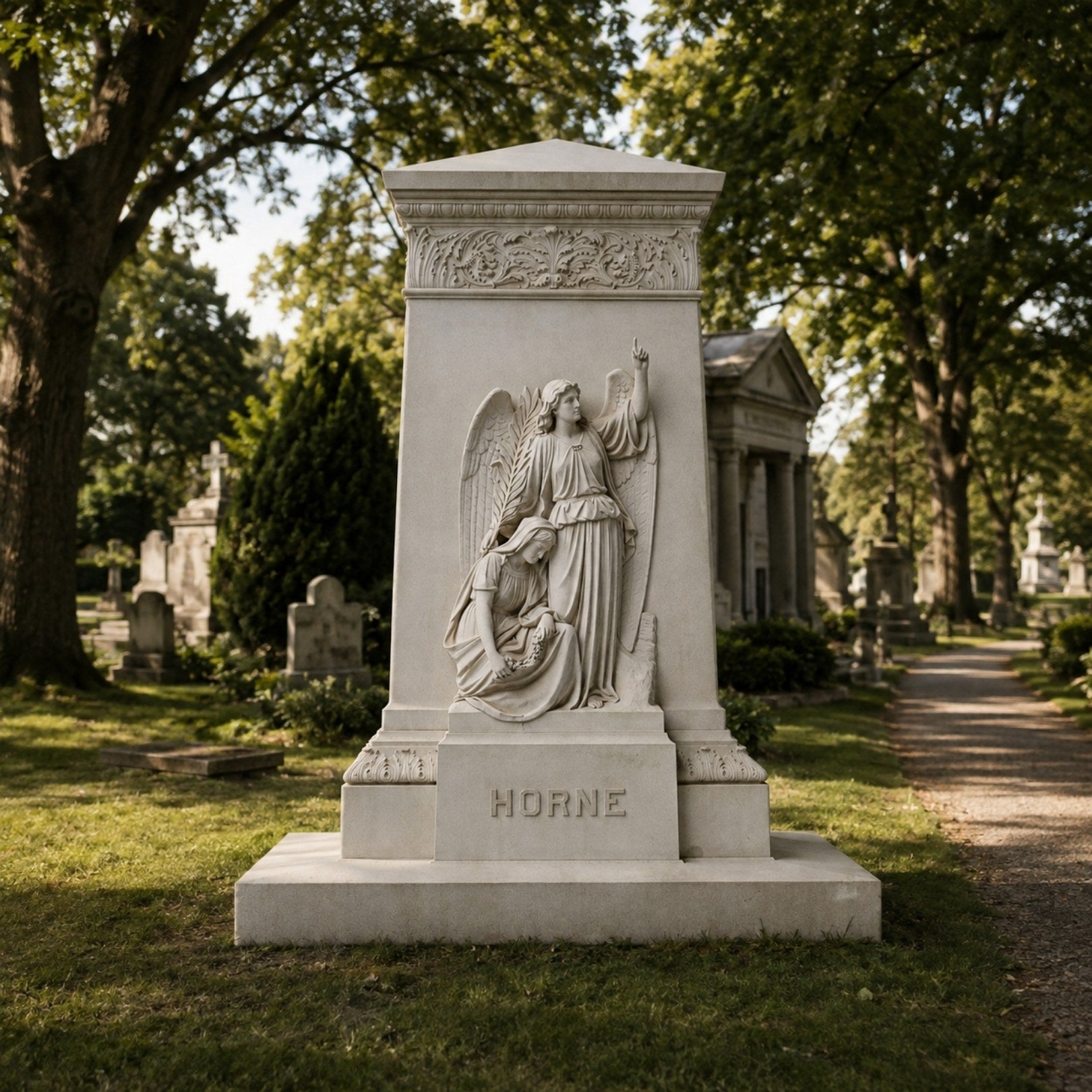 Marble angel and mourner monument shown on a cemetery avenue