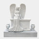 White marble angel seated on a chest-form plinth with a matching urn vase each side, 150cm