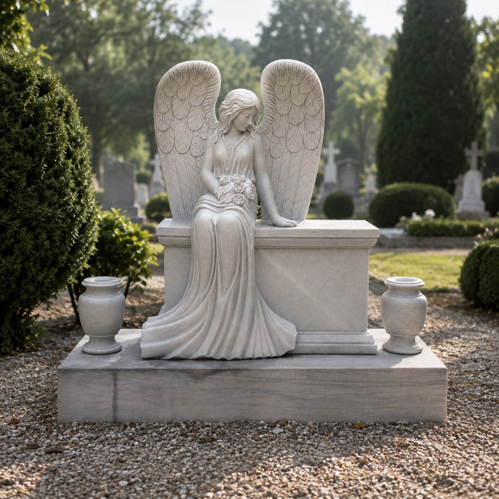 Marble seated angel memorial with flower vases shown on a gravel plot