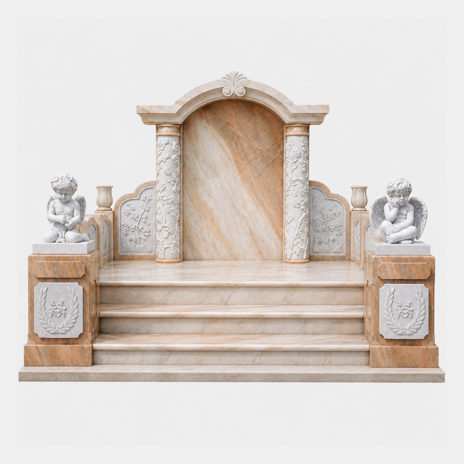 Beige marble arched grave surround with lily panels, urns and two white cherubs, 250cm