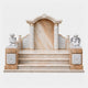 Beige marble arched grave surround with lily panels, urns and two white cherubs, 250cm