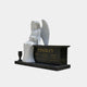 White marble angel beside a black granite chest laid out for three dedications, 150cm