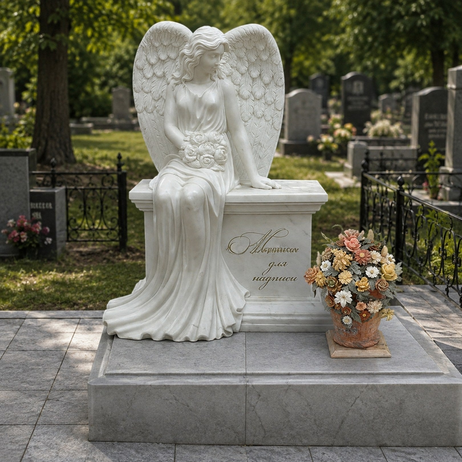 Marble seated angel memorial shown on a cemetery plot with railings