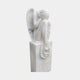 White marble grieving angel curled over her knees on a tall plain plinth, 130cm