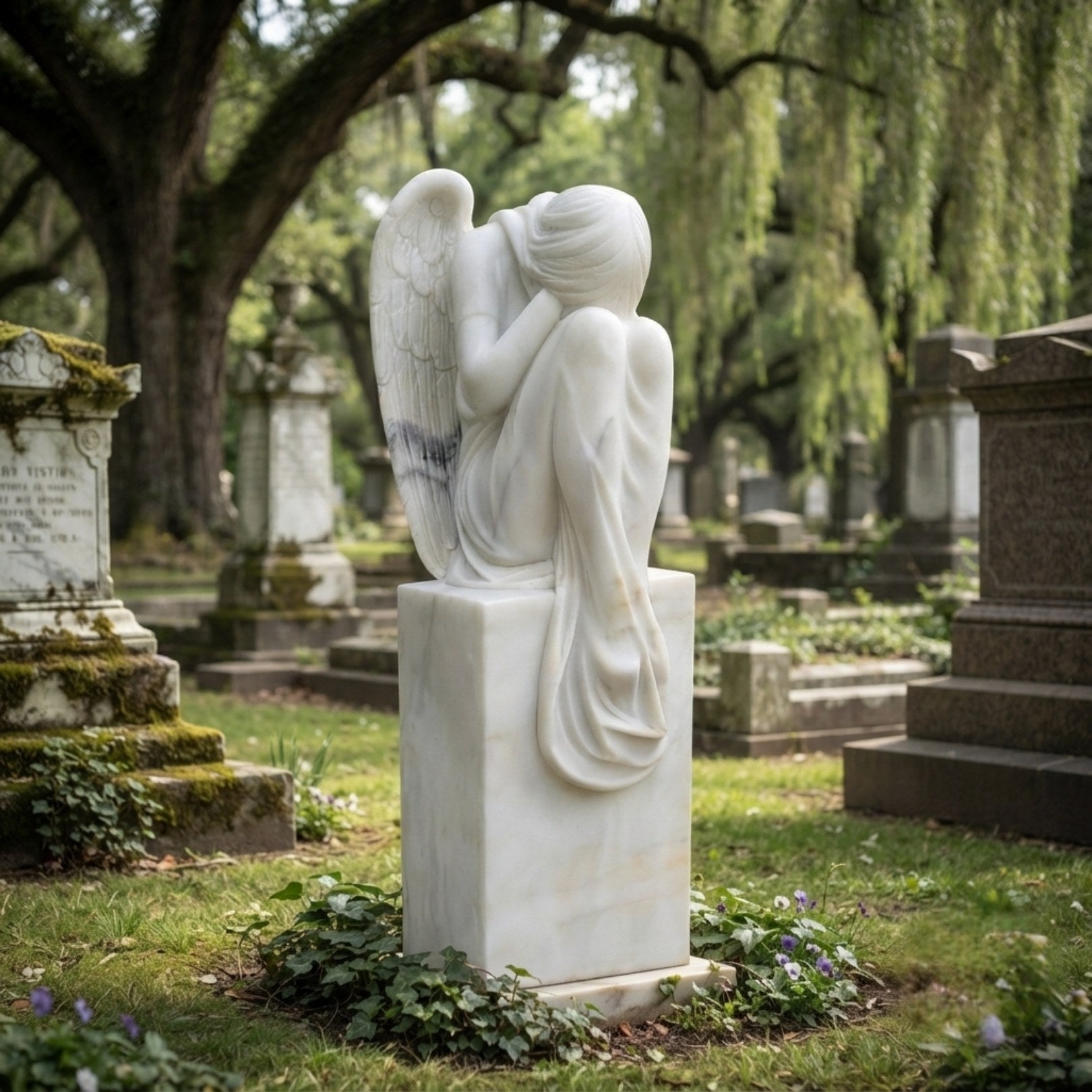 White marble weeping angel on its plinth in an old tree-shaded cemetery