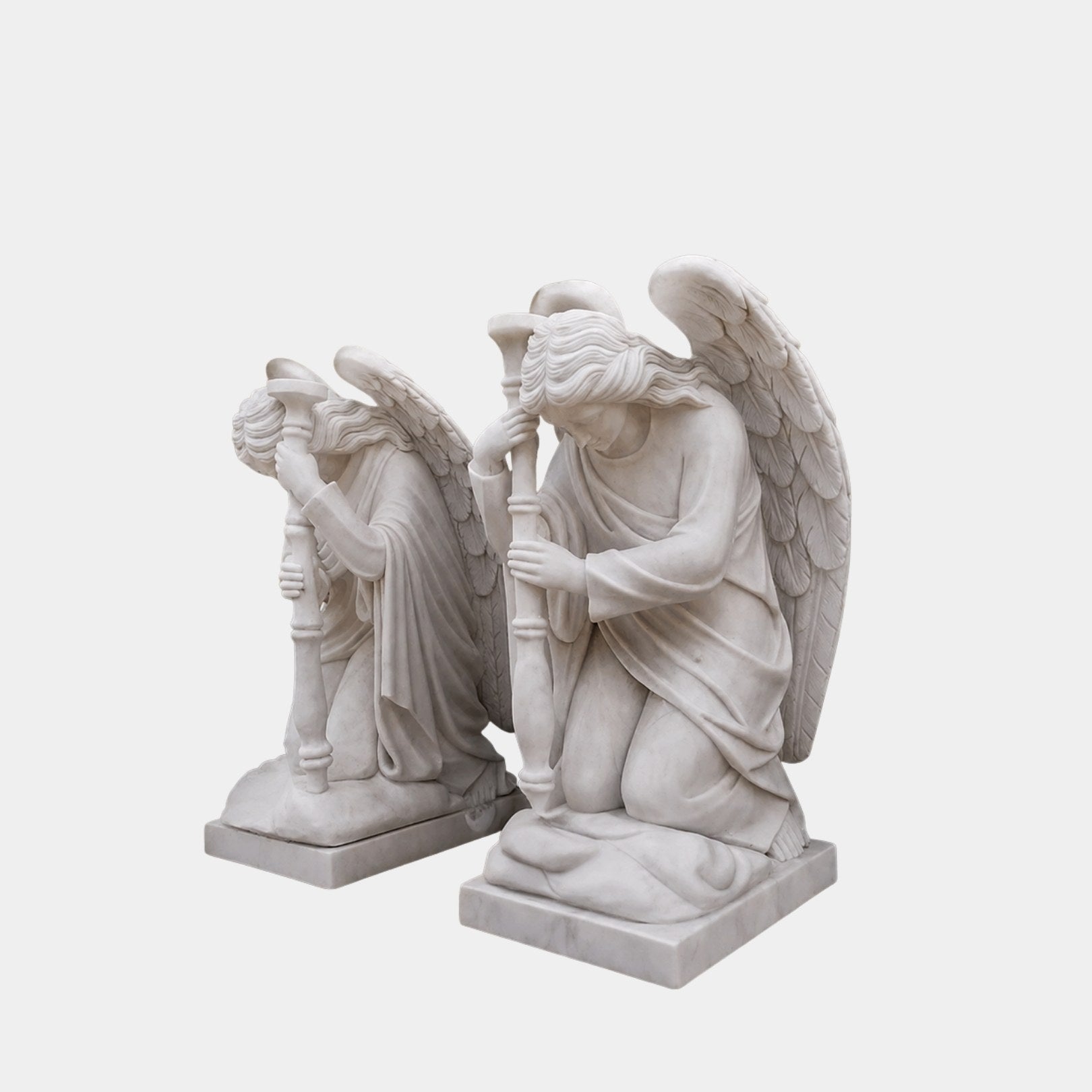 White marble kneeling angel holding an inverted torch on a square base, 100cm