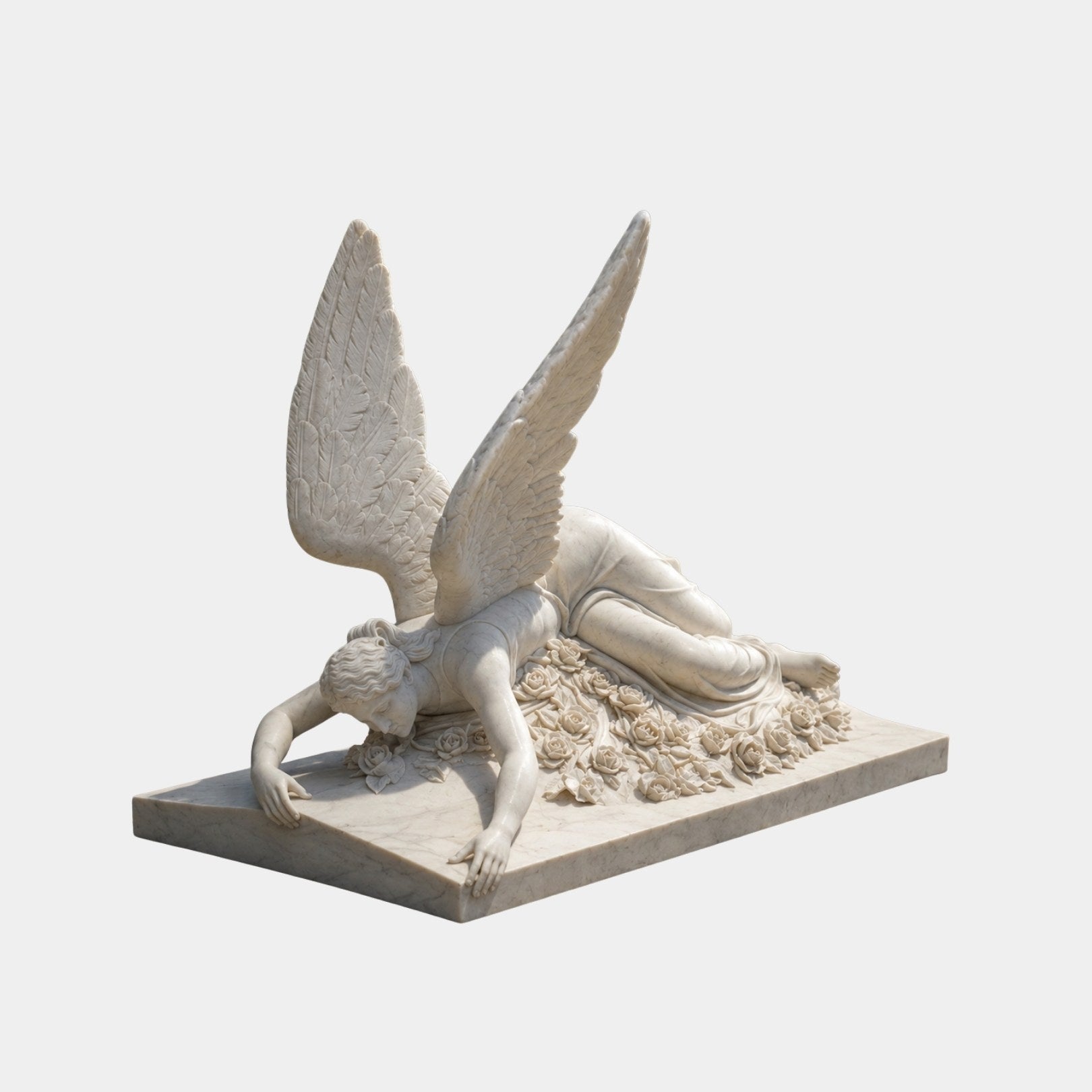 White marble angel lying full length across a flat ledger over carved roses, 100cm