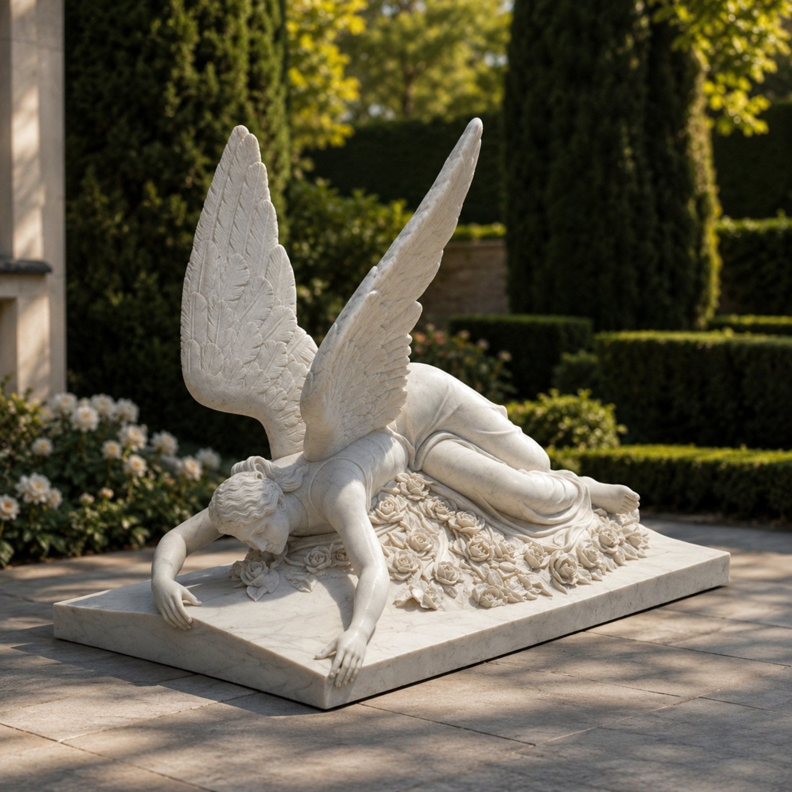 Marble prostrate angel ledger memorial shown on a lawn plot