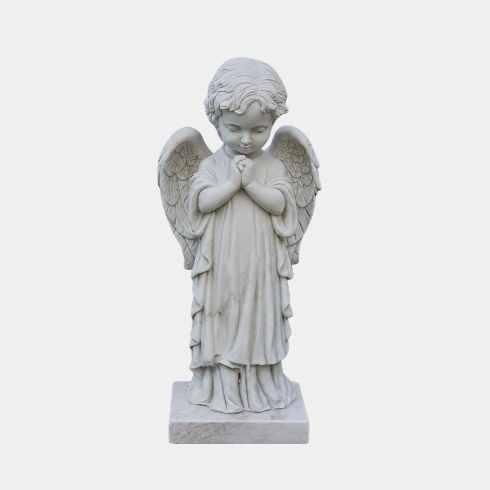 White marble child angel with hands folded in prayer on a square base, 80cm