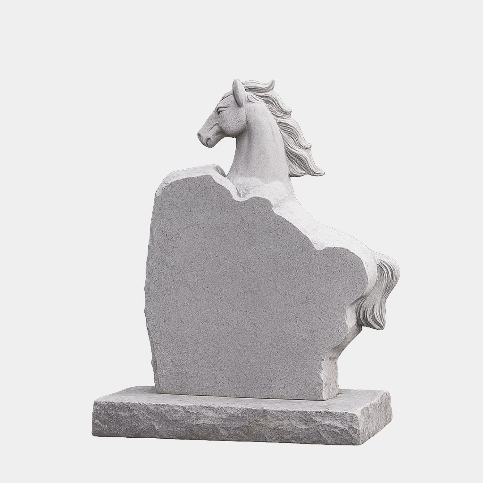 Grey granite headstone with a horse head and arched neck rising from a shaped slab, 180cm