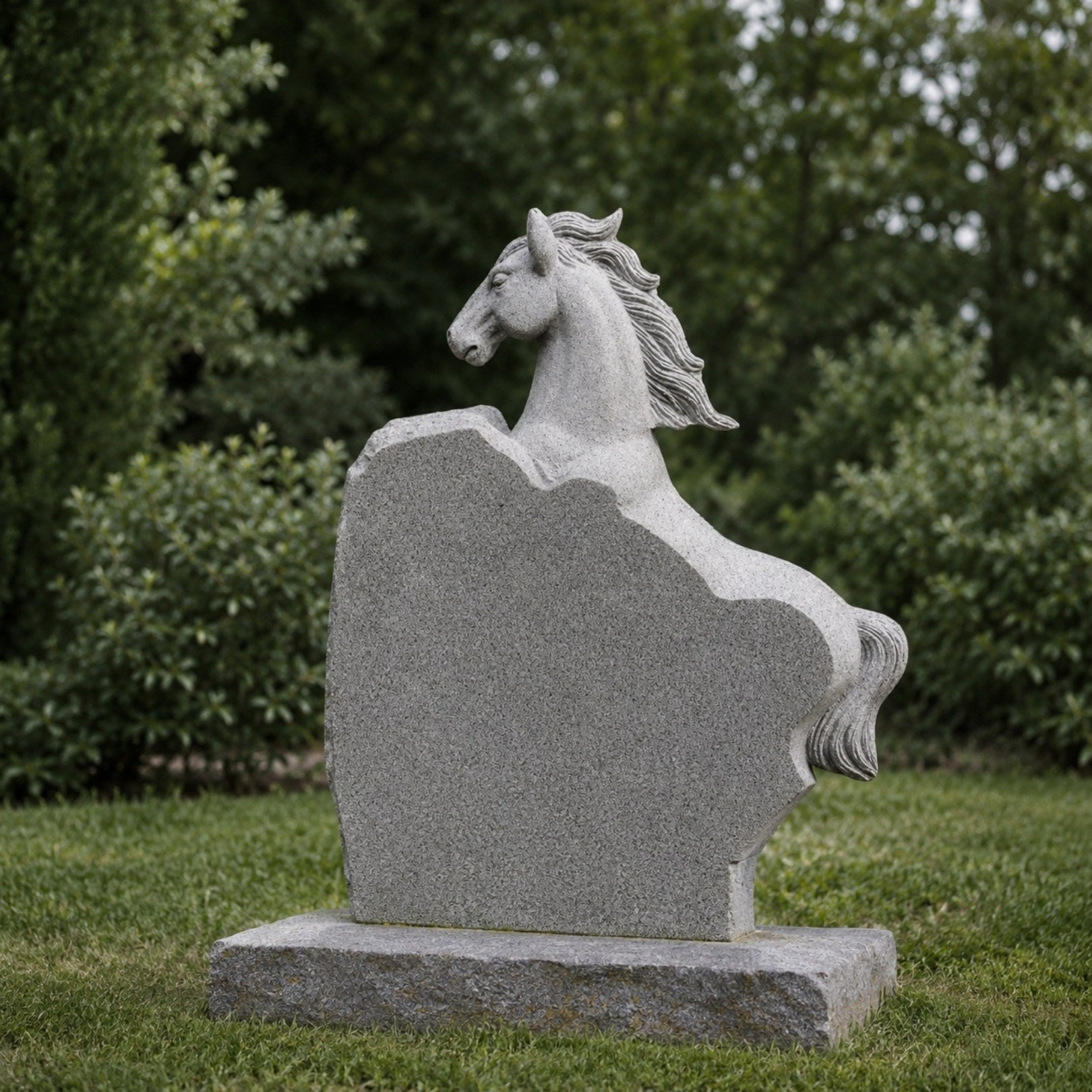 Grey granite horse head memorial shown on a lawn