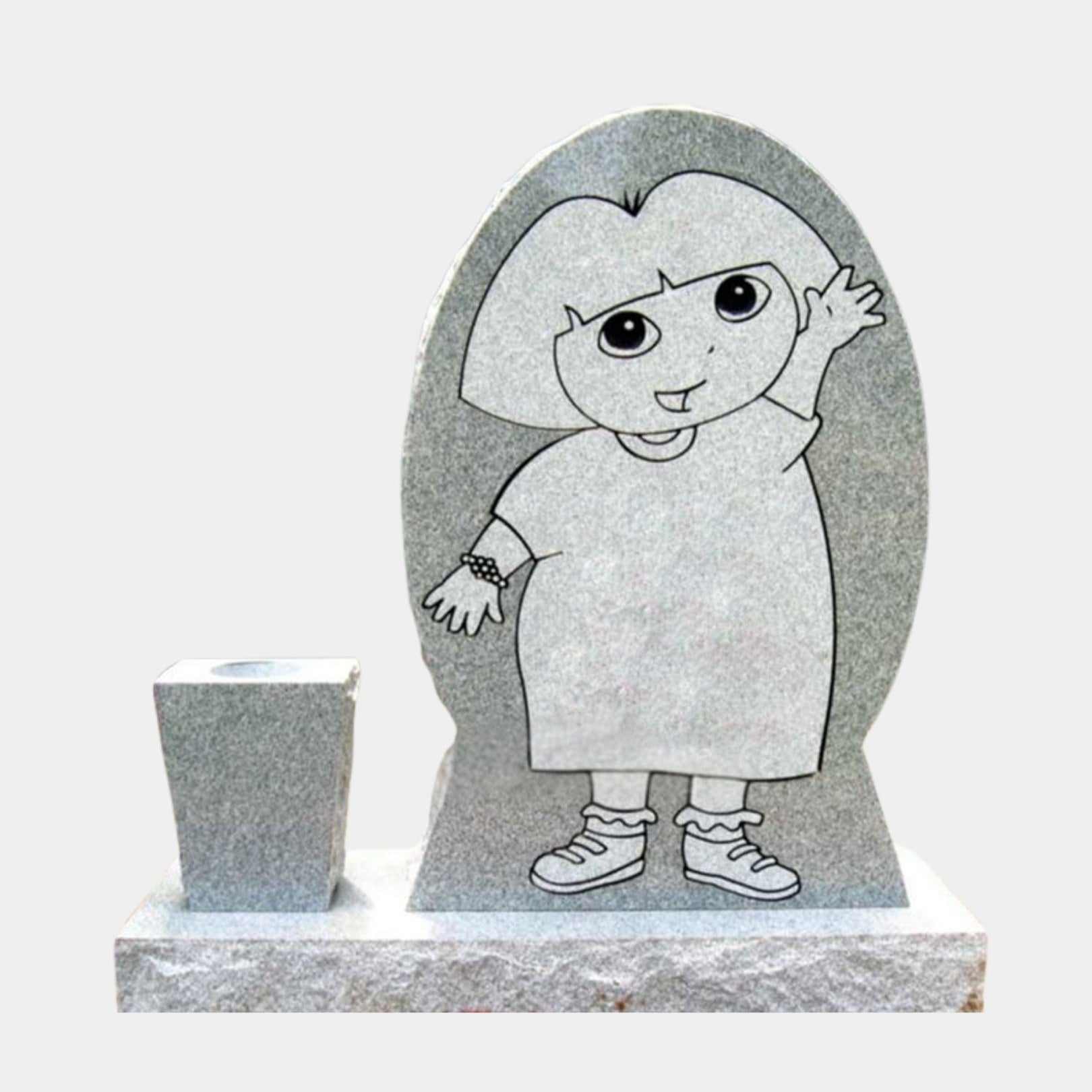Pale grey granite headstone with a full-height engraved child figure and a flower vase, 120cm