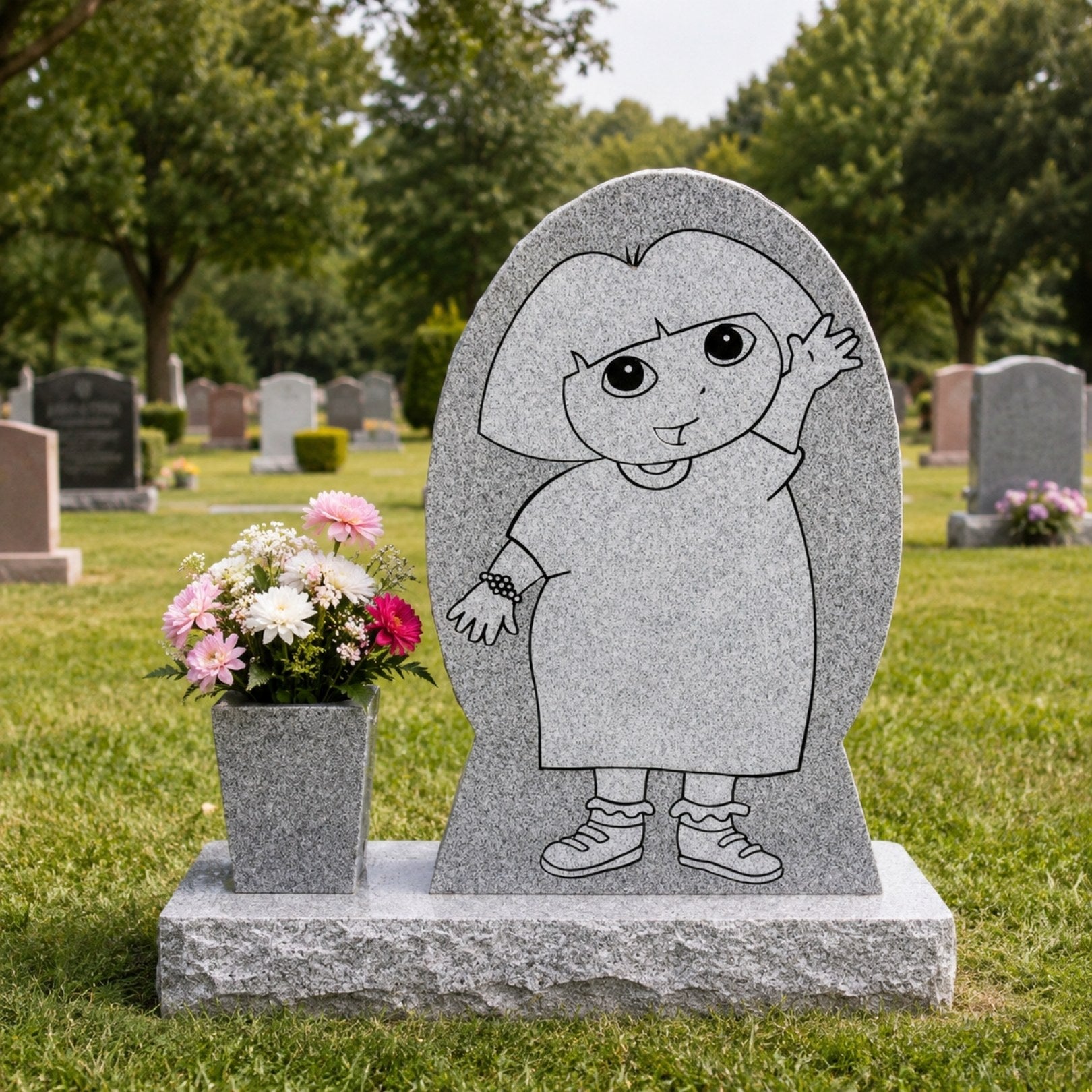 Grey granite engraved child headstone shown on a cemetery lawn