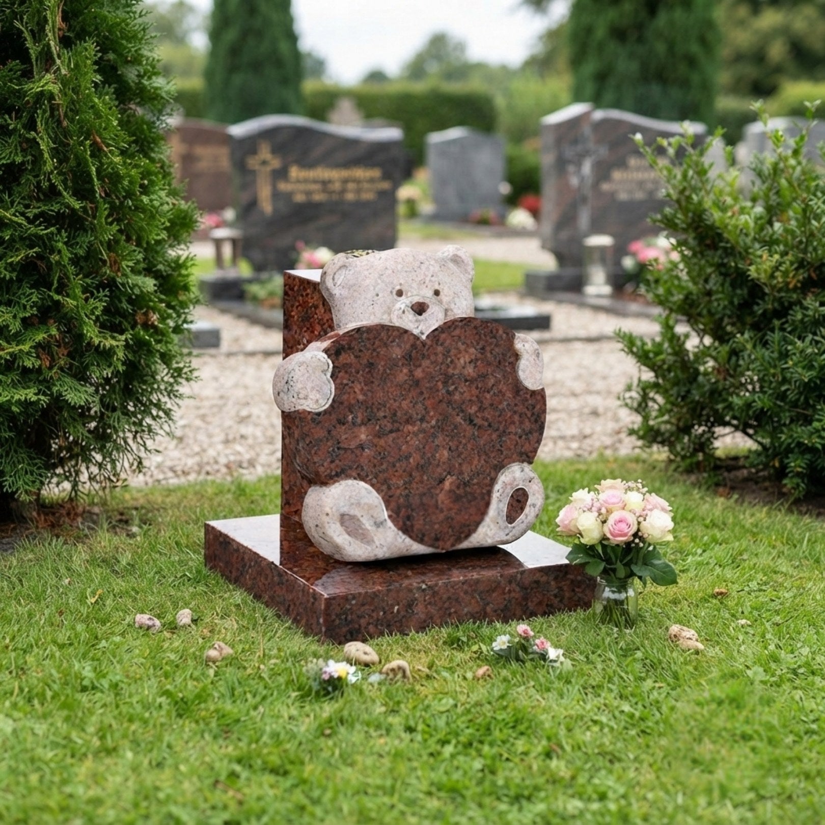 Red granite bear and heart memorial with a pale hammered head, on a cemetery lawn