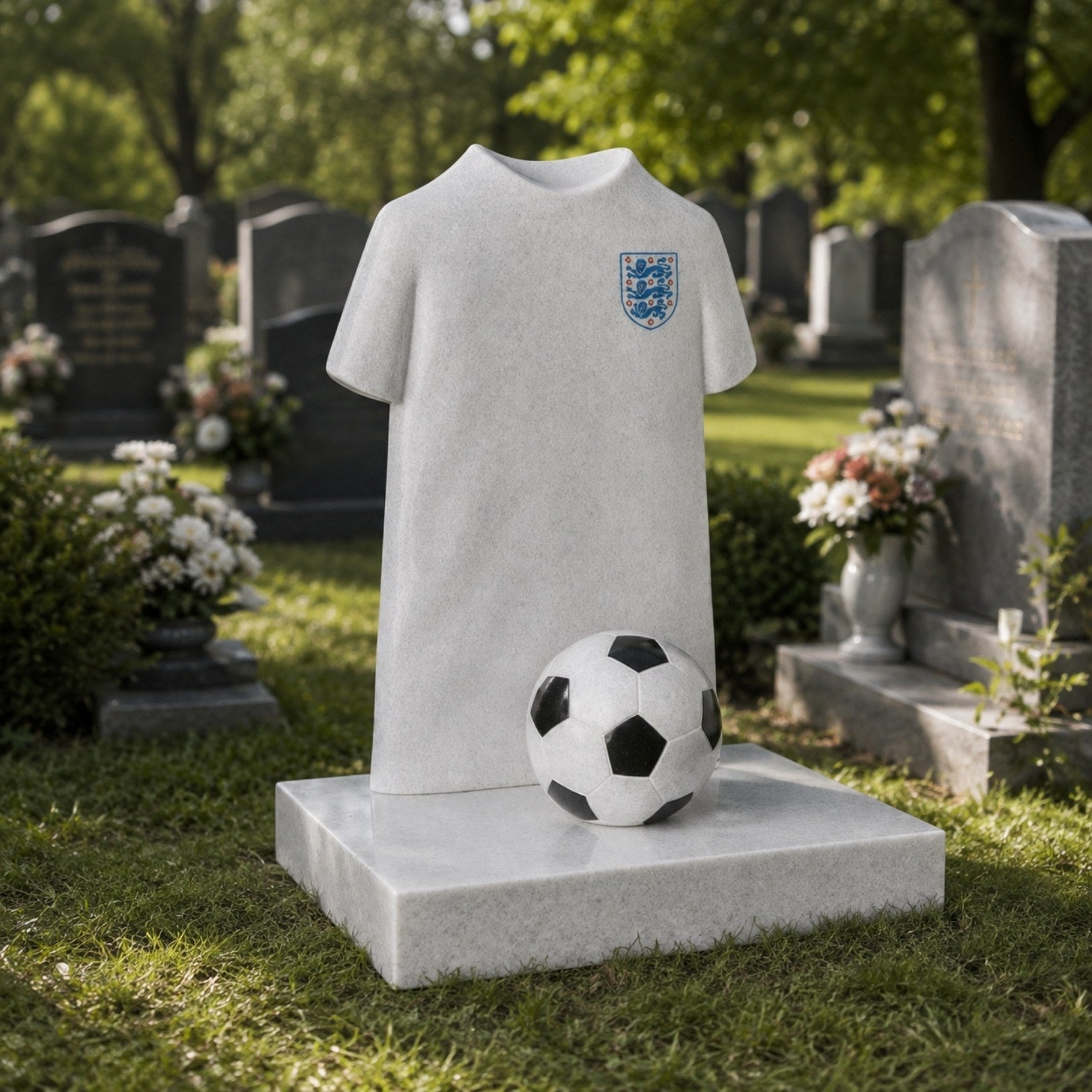 Stone football shirt child memorial shown upright on a base slab