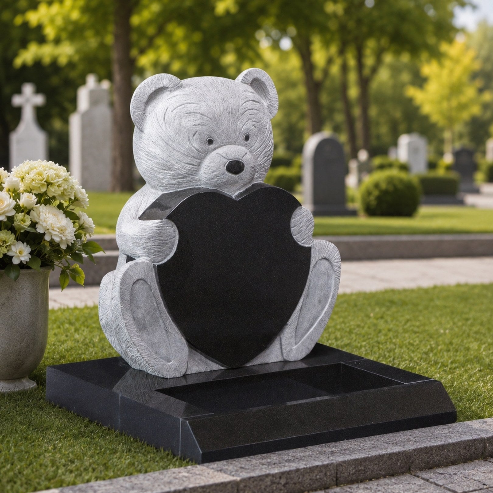 Granite bear and heart memorial with a planting tray shown on a lawn