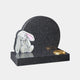 Grey granite child memorial with a painted toy rabbit and a brass flower grille, 100cm