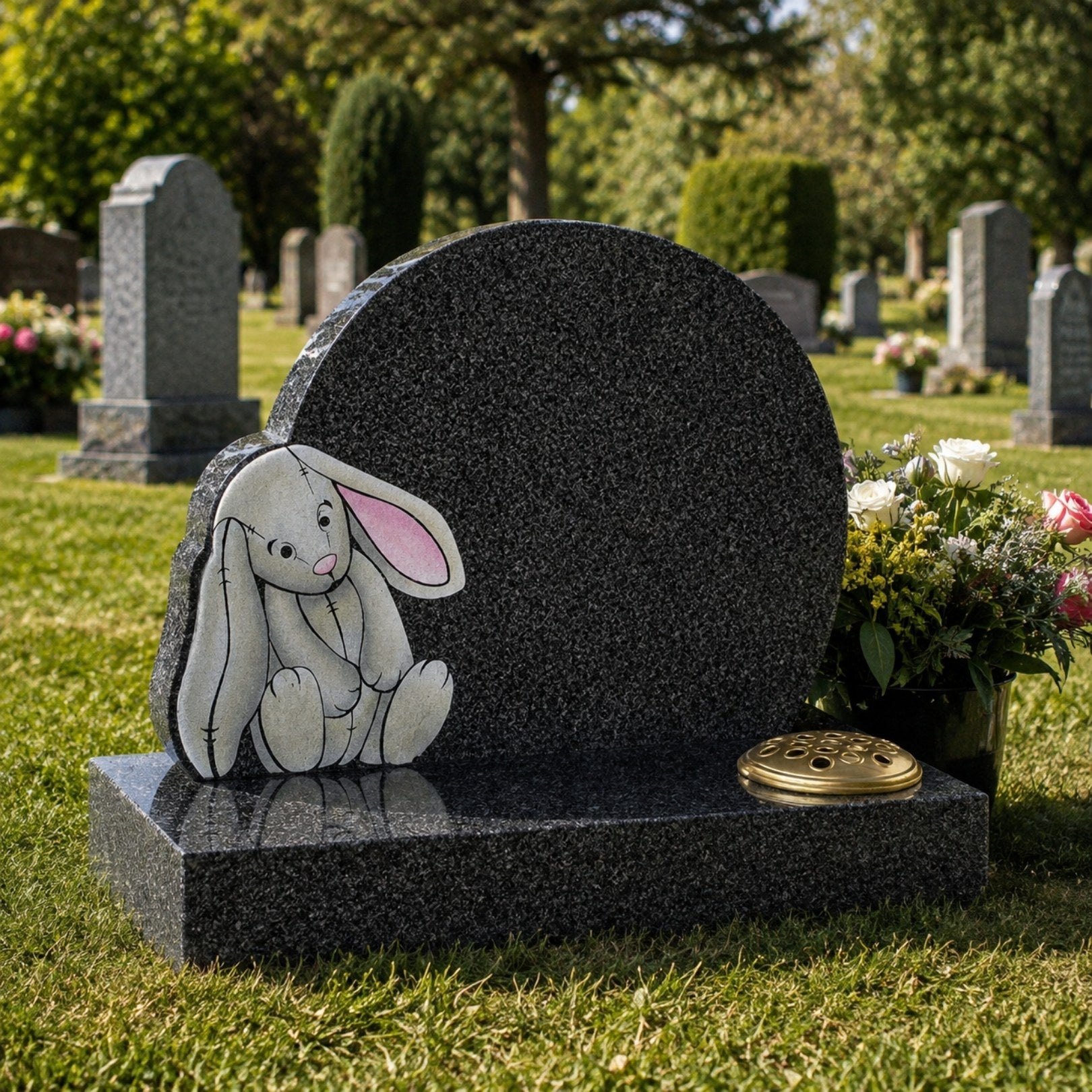Grey granite toy rabbit child memorial shown on a cemetery lawn