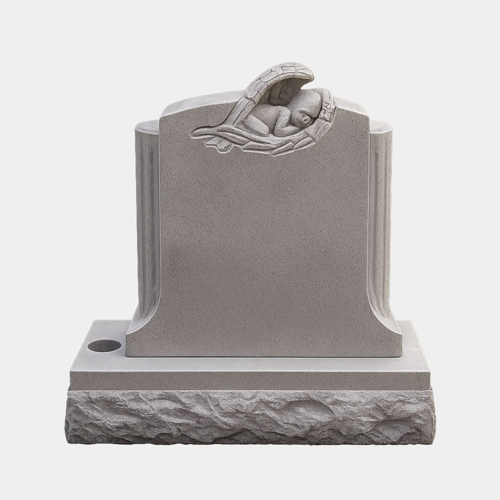 Grey stippled stone child memorial with a sleeping infant cradled in a carved wing, 120cm