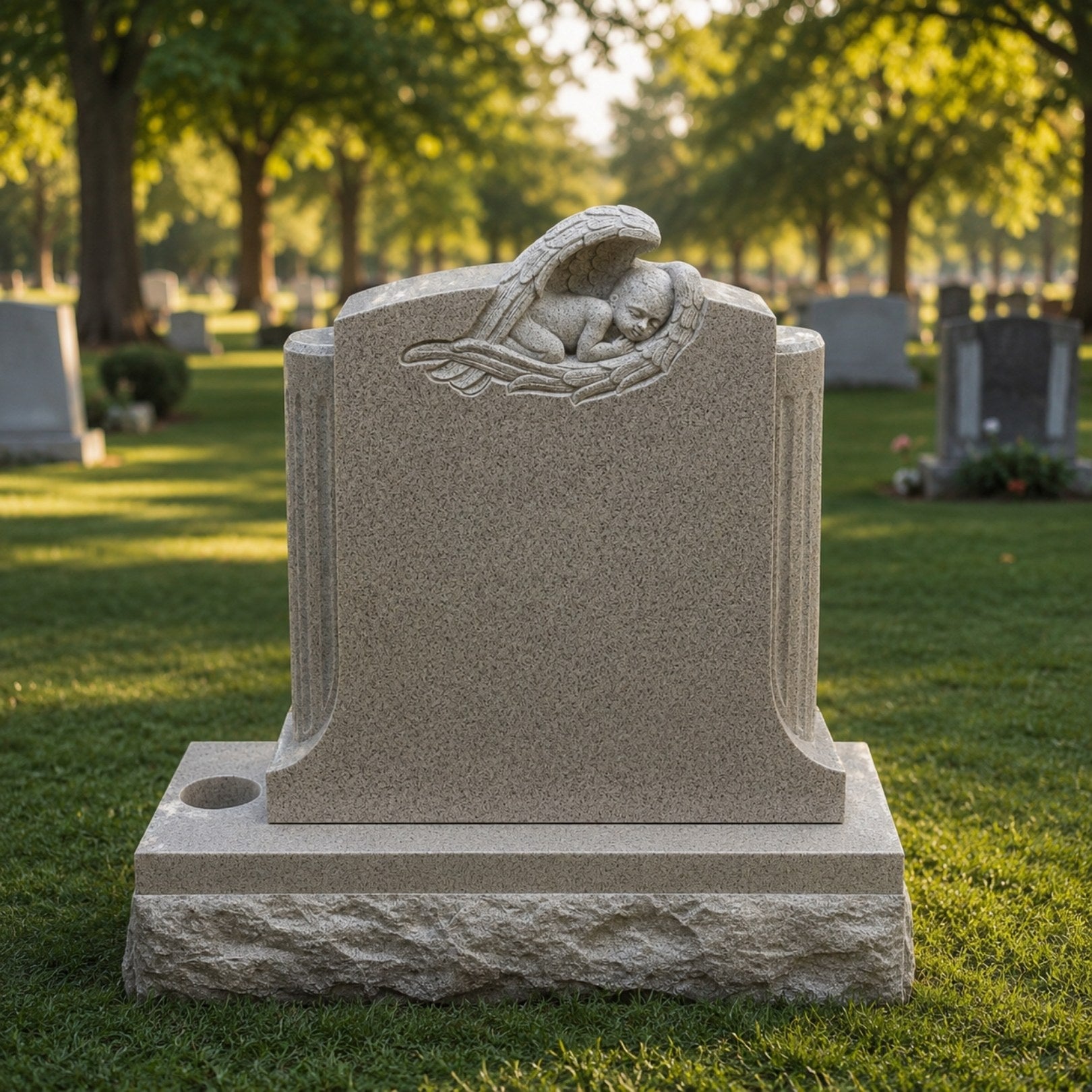 Grey stone infant relief memorial shown on a rock-faced plinth