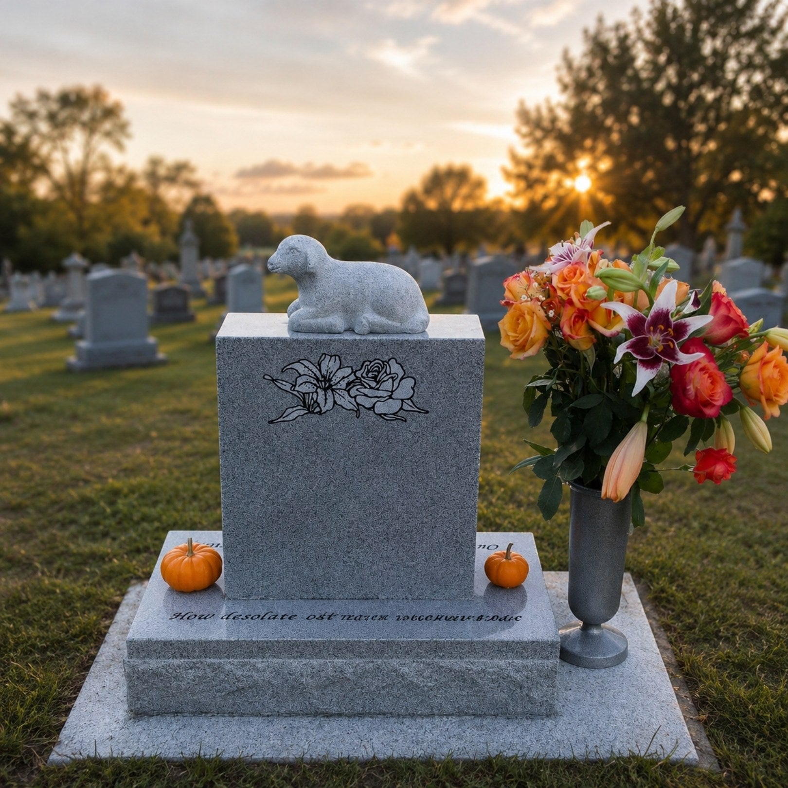 Grey granite lamb headstone shown on a cemetery lawn at sunset