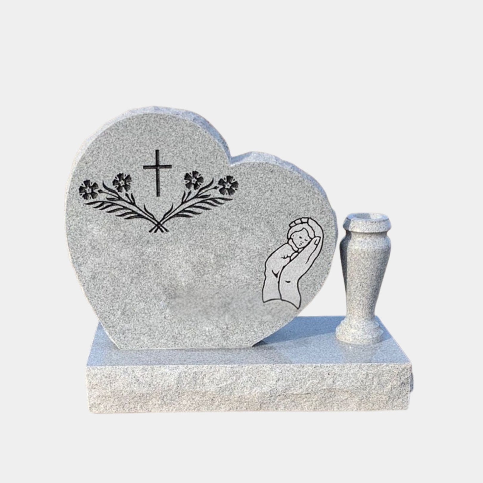 Light grey granite heart tablet engraved with a cross and flowers, with a turned vase, 100cm