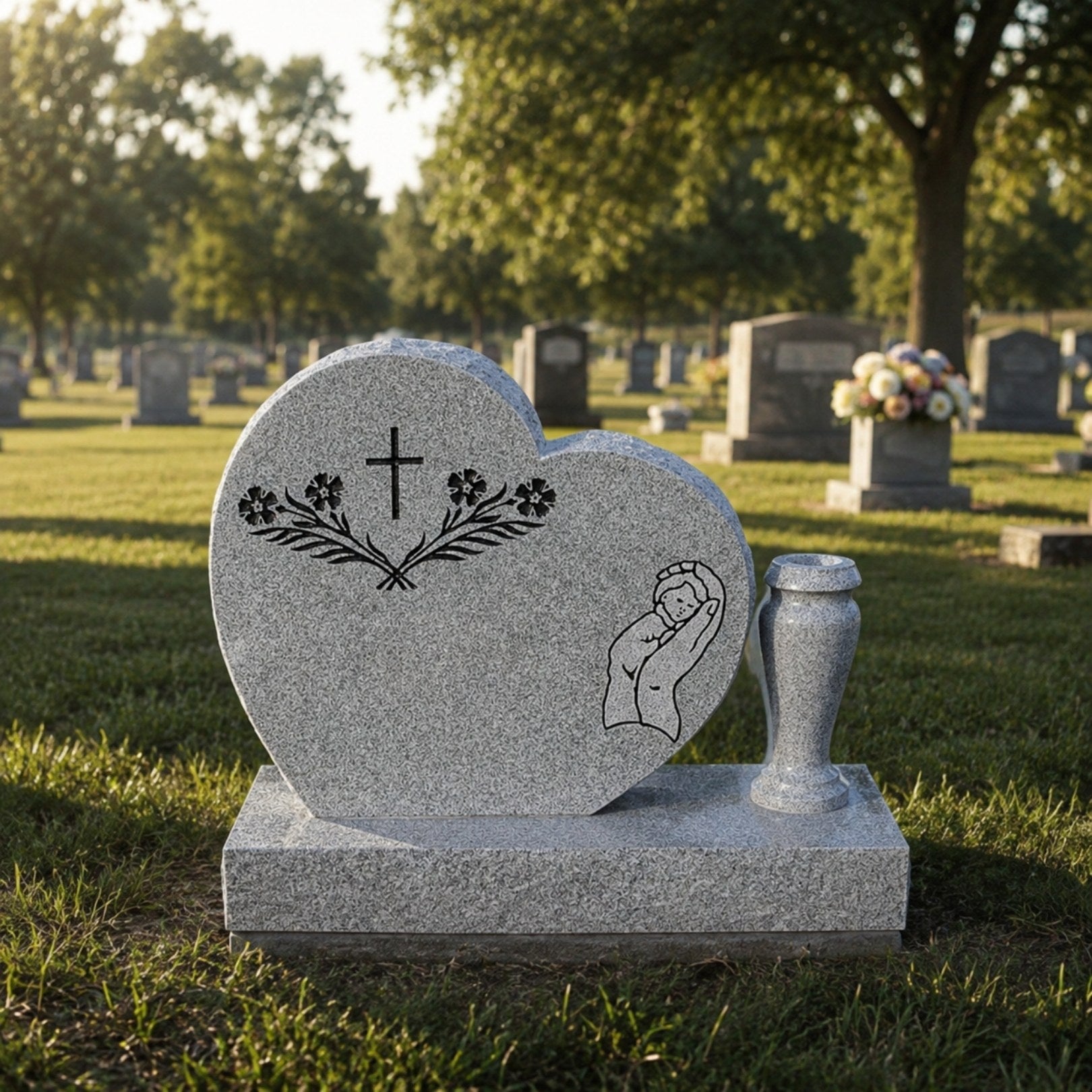 Grey granite heart tablet memorial shown with its flower vase on a lawn