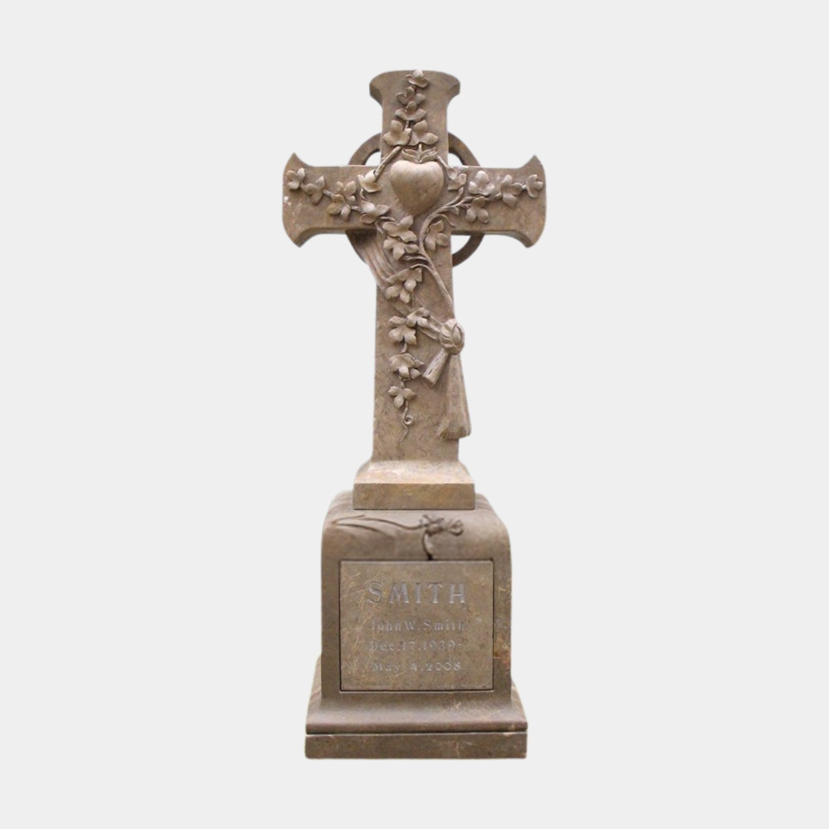 Beige marble ringed Celtic cross wound with carved ivy on a tapered plinth, 250cm
