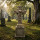 Beige marble ringed cross memorial shown against sky in a cemetery