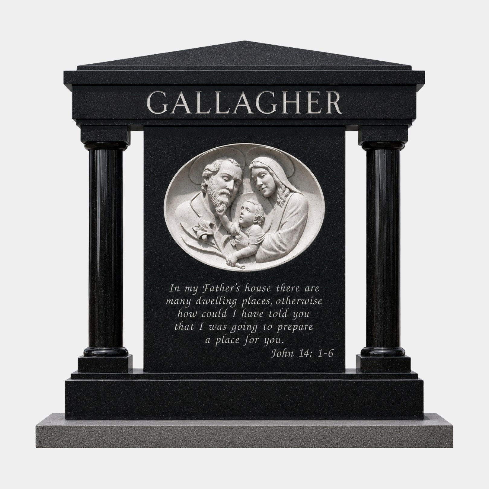 Black granite temple-form memorial with polished columns and a carved white marble roundel, 300cm