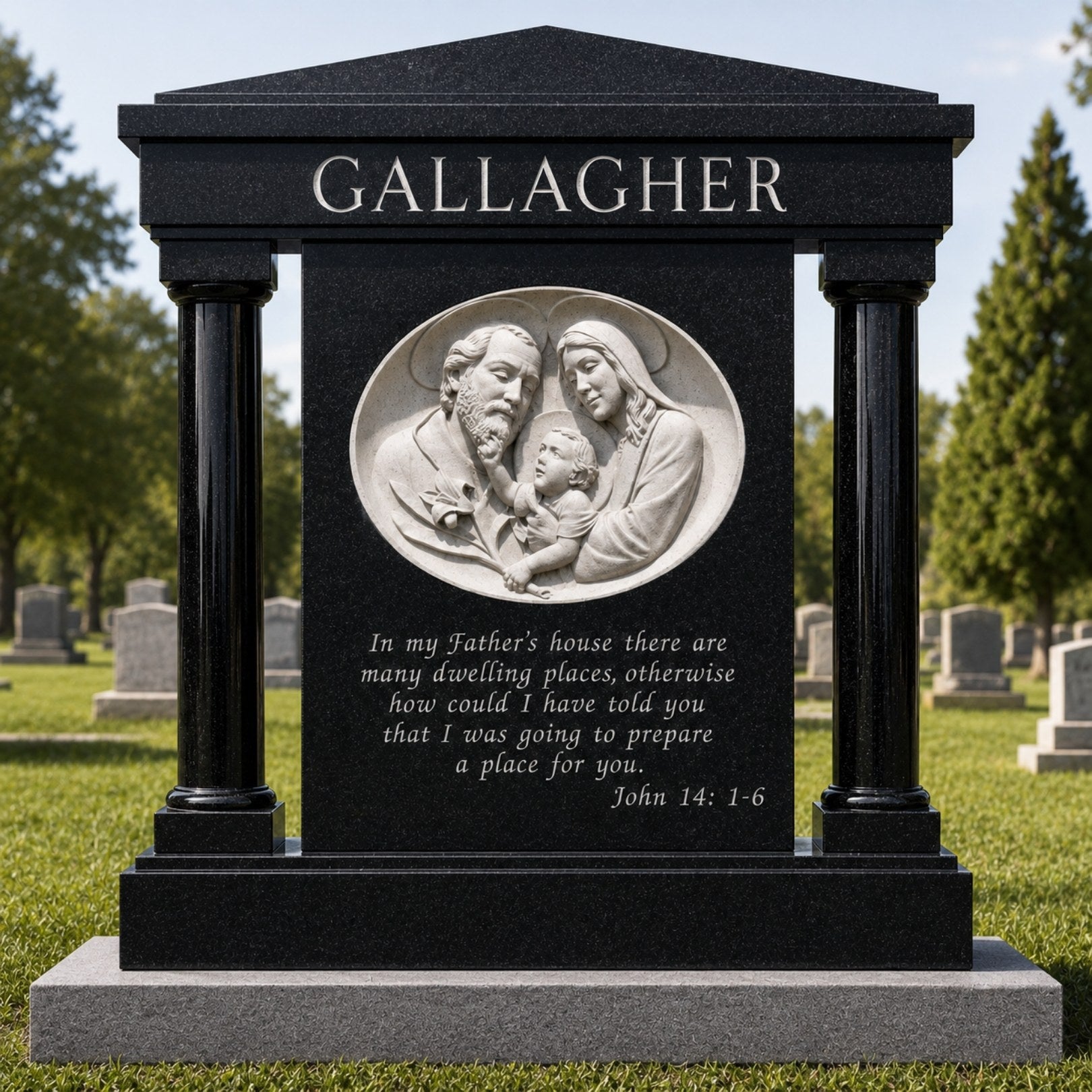 Granite temple memorial shown on a cemetery lawn