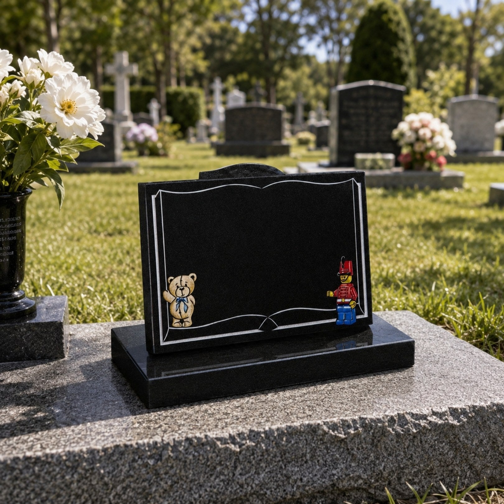 Black granite open-book memorial with a painted teddy bear and toy soldier