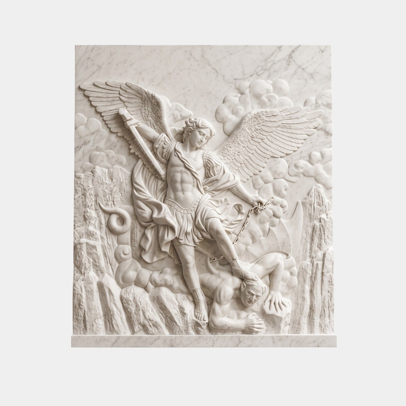 Marble relief of an archangel with a raised sword over a chained figure