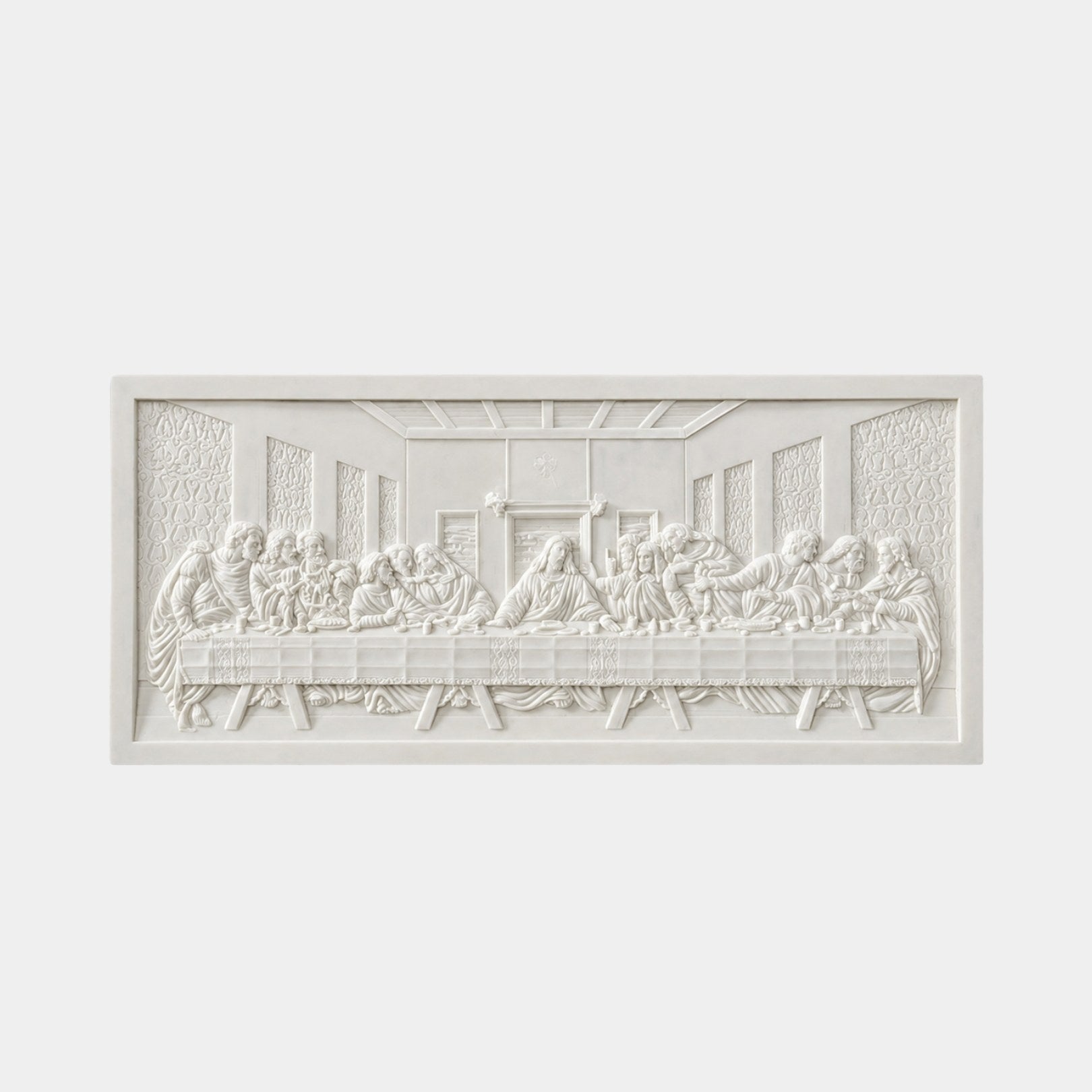 White marble Last Supper relief wall panel 150cm with thirteen figures at a draped table