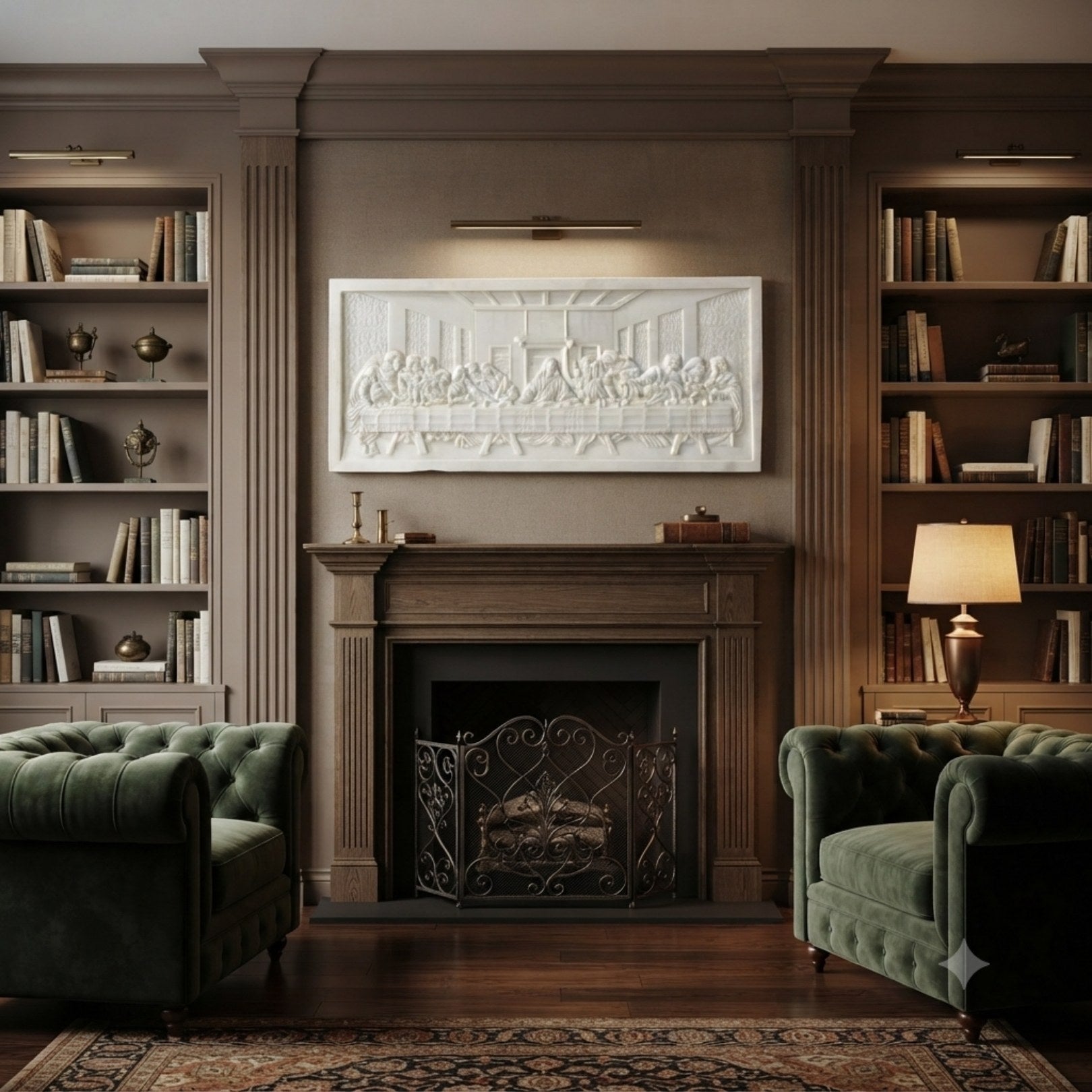 Last Supper marble relief panel shown mounted on an interior wall