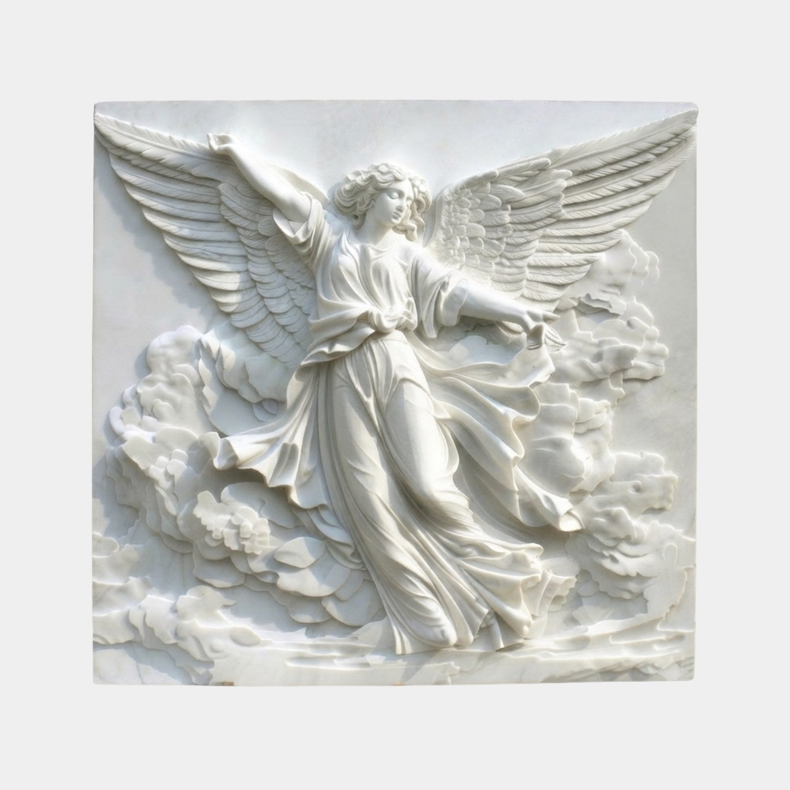 White marble winged angel relief panel 150cm with spread wings above cloud