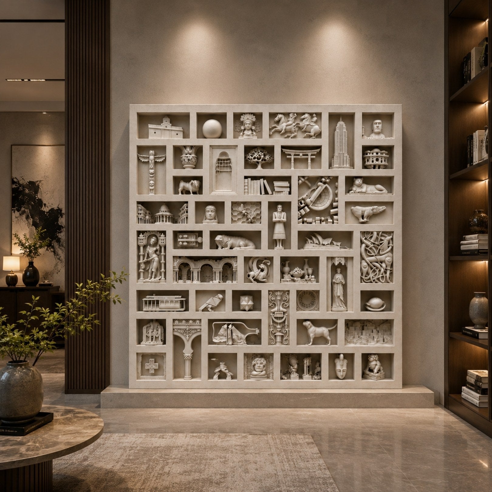 The world icons relief filling a lounge wall, lit from above