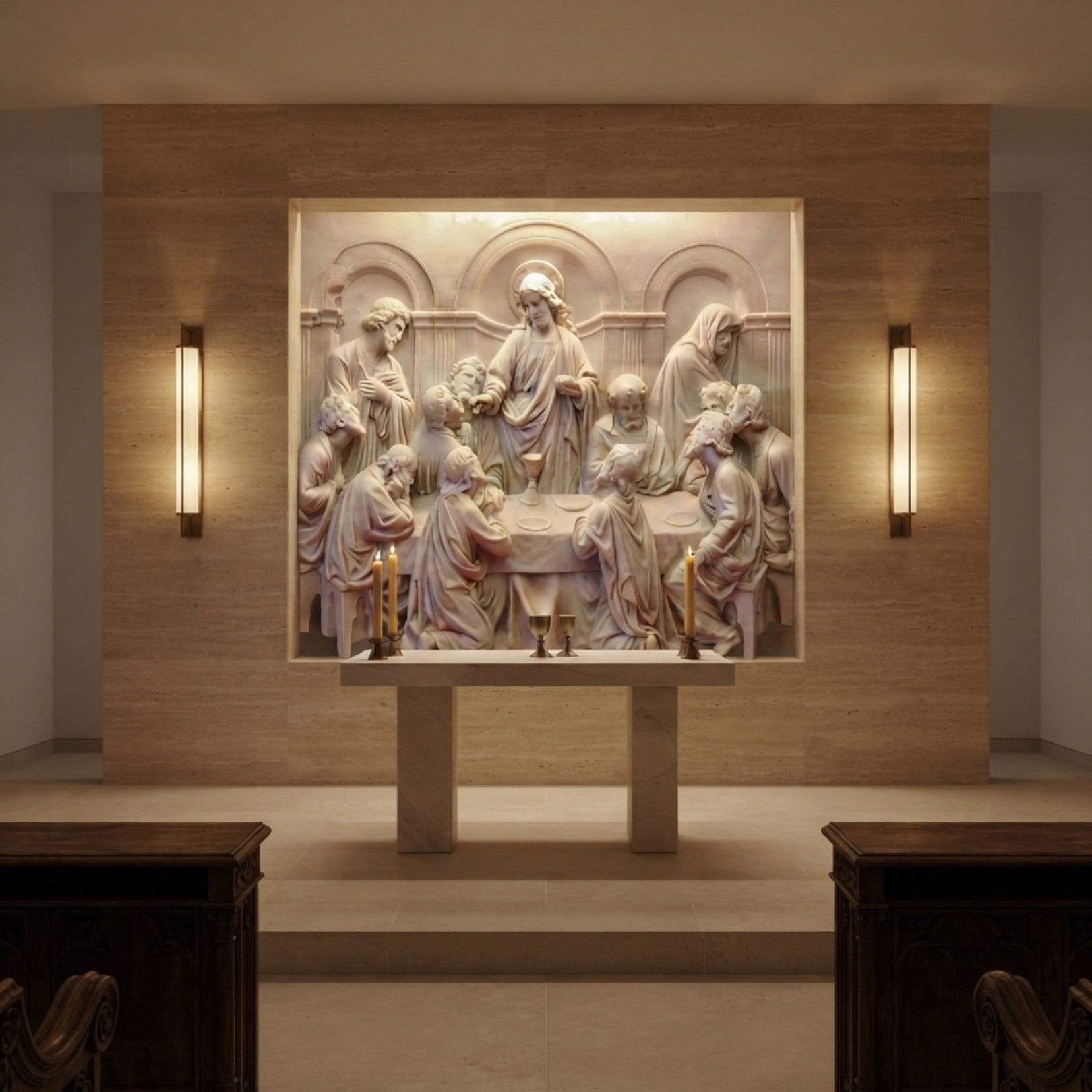 Monumental marble Last Supper relief recessed into a masonry-clad chapel wall above an altar