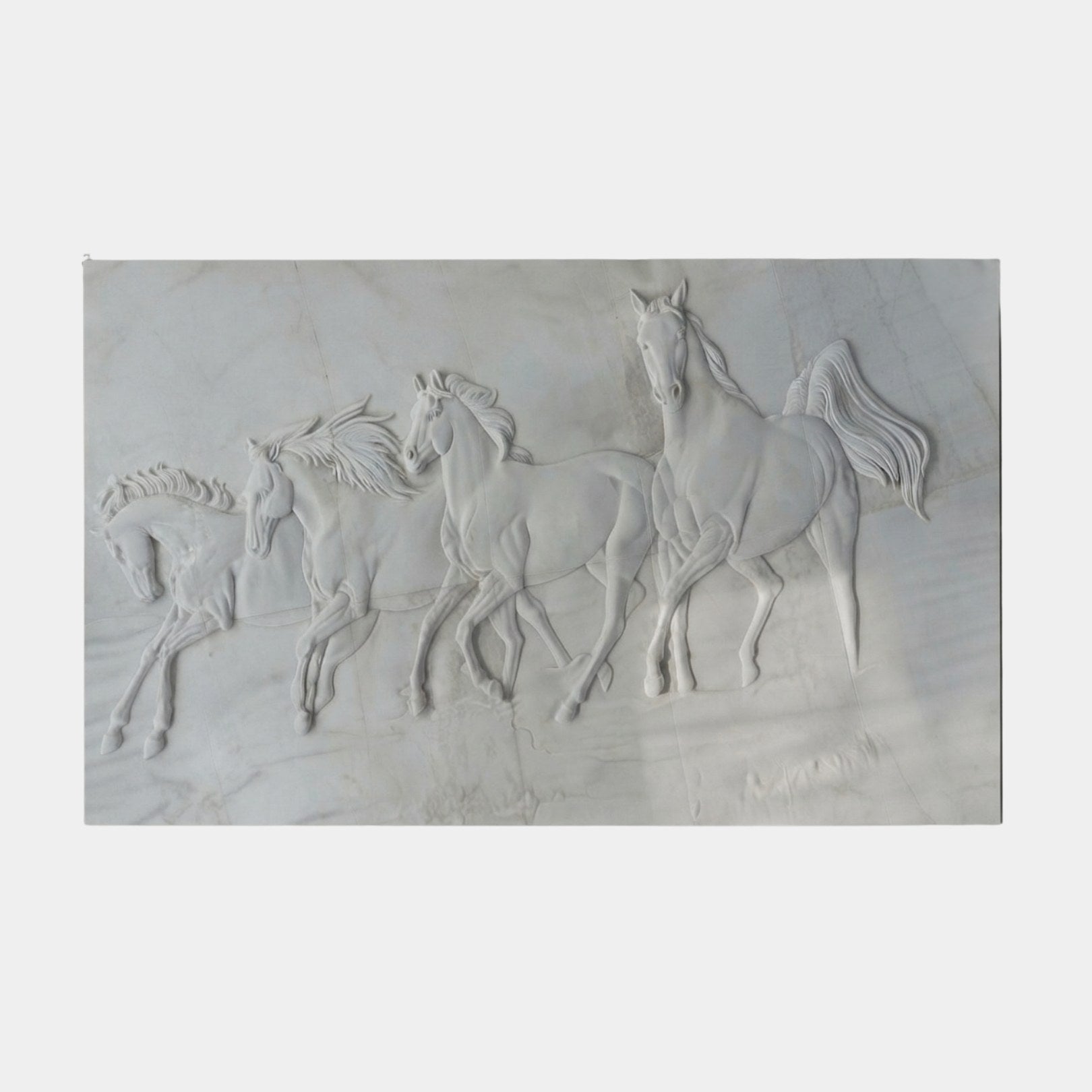 White marble relief panel 200cm with four horses walking in low relief