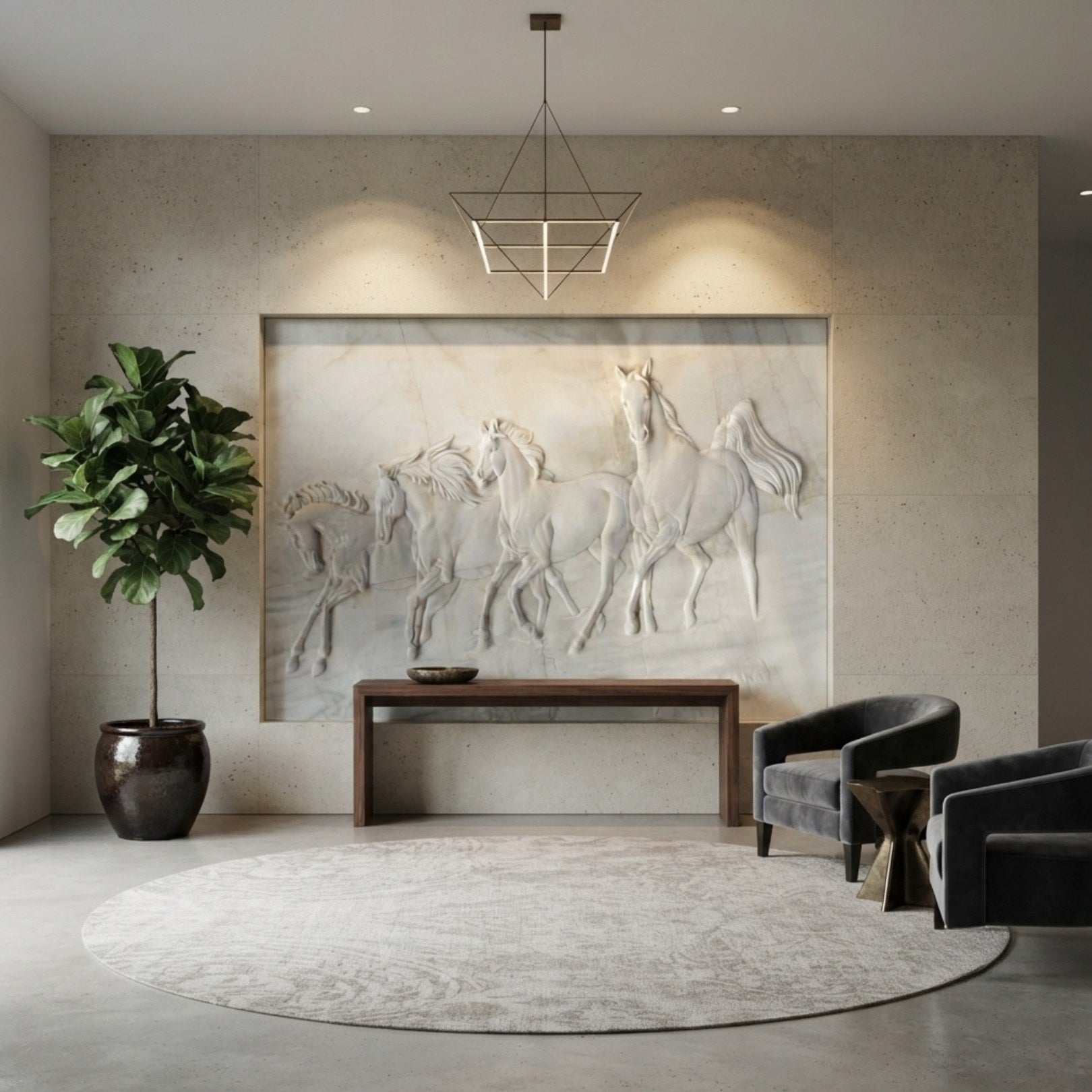 Four horse marble relief wall panel shown on an interior wall