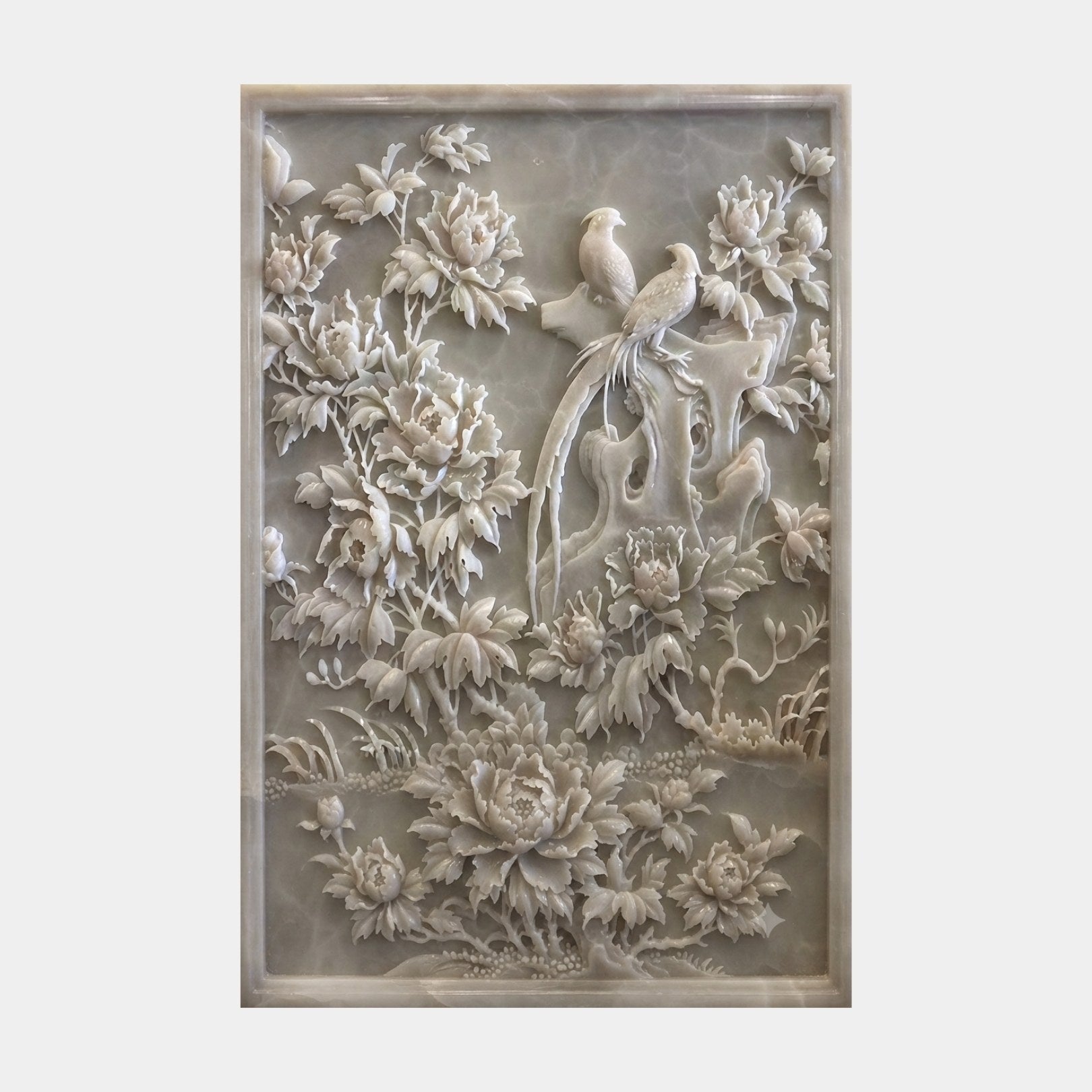 Translucent grey stone relief panel 120cm with peonies and two longtail birds