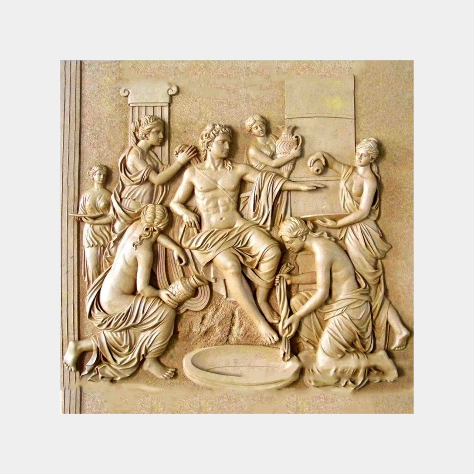 Warm ochre stone relief panel 120cm with a reclining youth attended by seven women