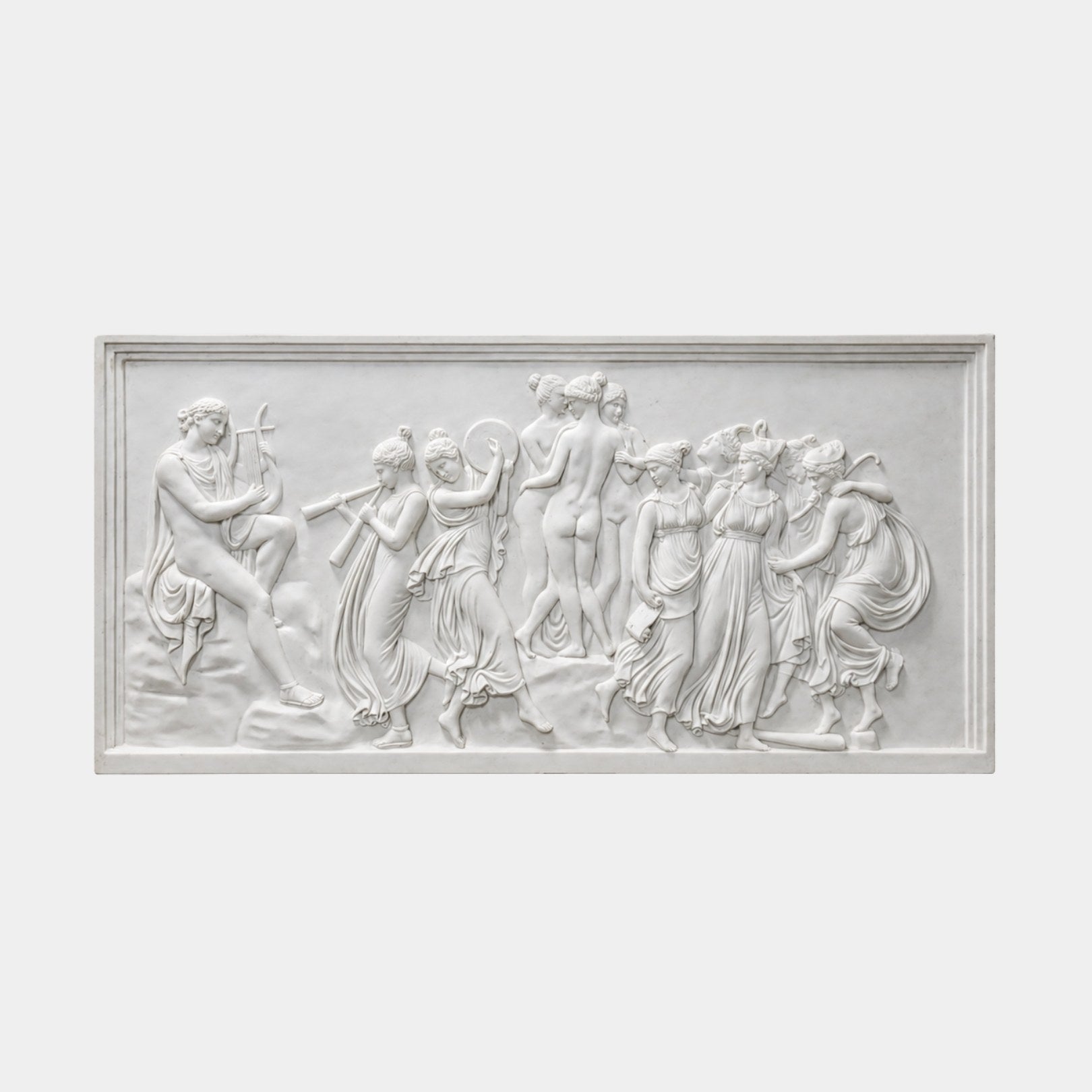 White marble frieze 180cm with Apollo playing a lyre and dancing muses